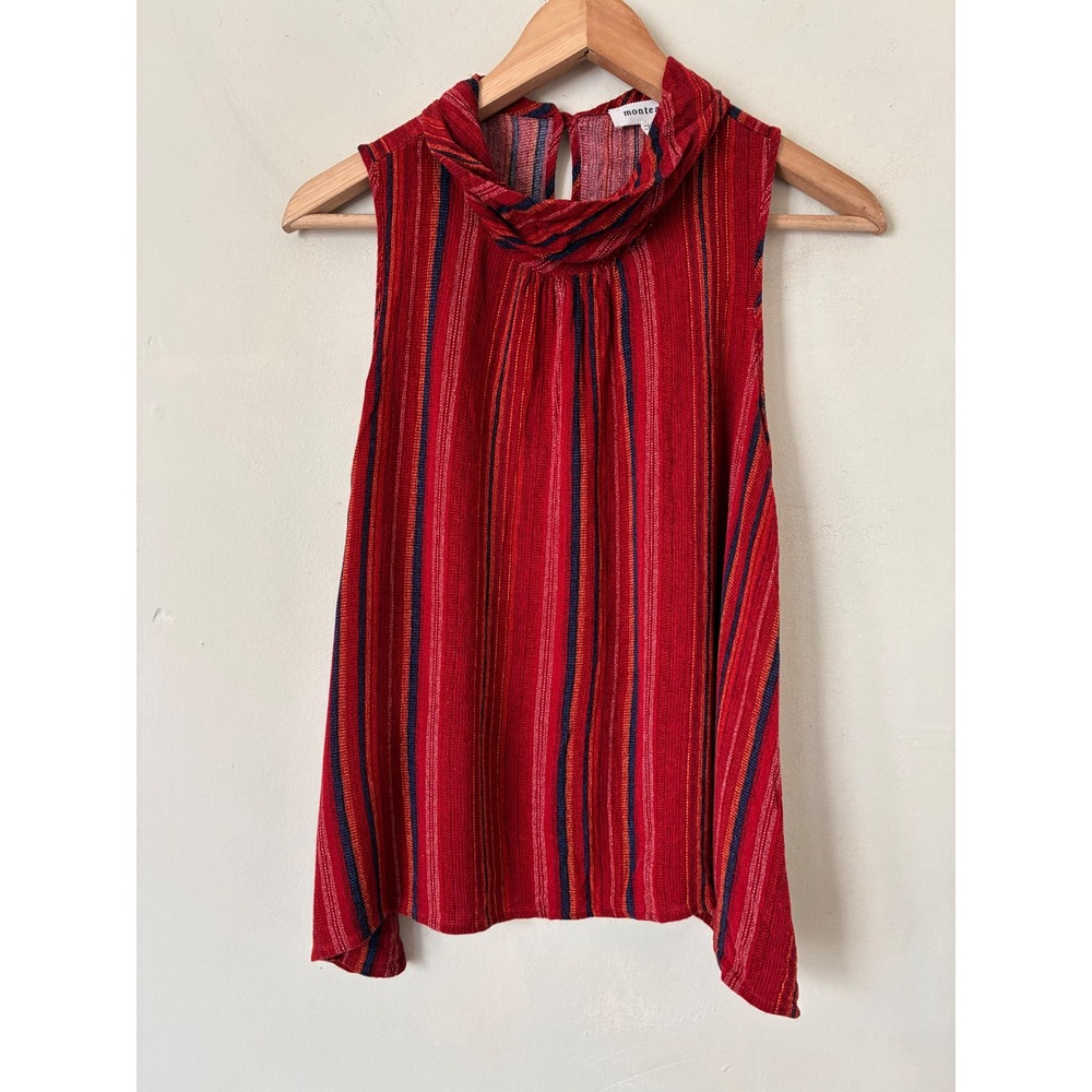 Monteau Fairy Boho Red Striped Sleeveless Mock Neck Blouse Top M - Picture 1 of 5